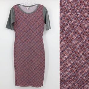 LuLaRoe Julia Dress Red & Gray Pencil Swirl Print Crew Neck Half Sleeve Midi XS